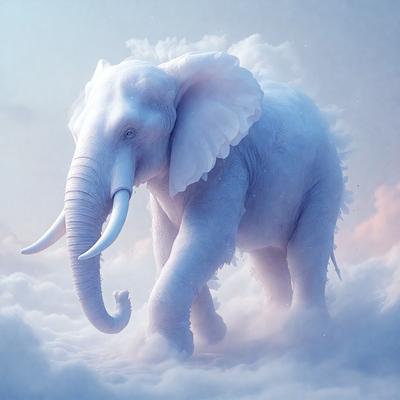 The primary subject of the image is a large, white elephant. The elephant is walking through a cloudy, white sky, which serves as the setting for the scene. The visual style of the image is digital art, as it is a computer-generated illustration. The dominant colors in the image are white and blue, creating a serene and peaceful atmosphere.